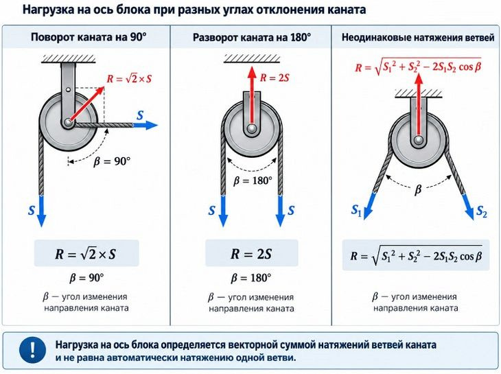 Нагрузка на ось блока приразных углах каната